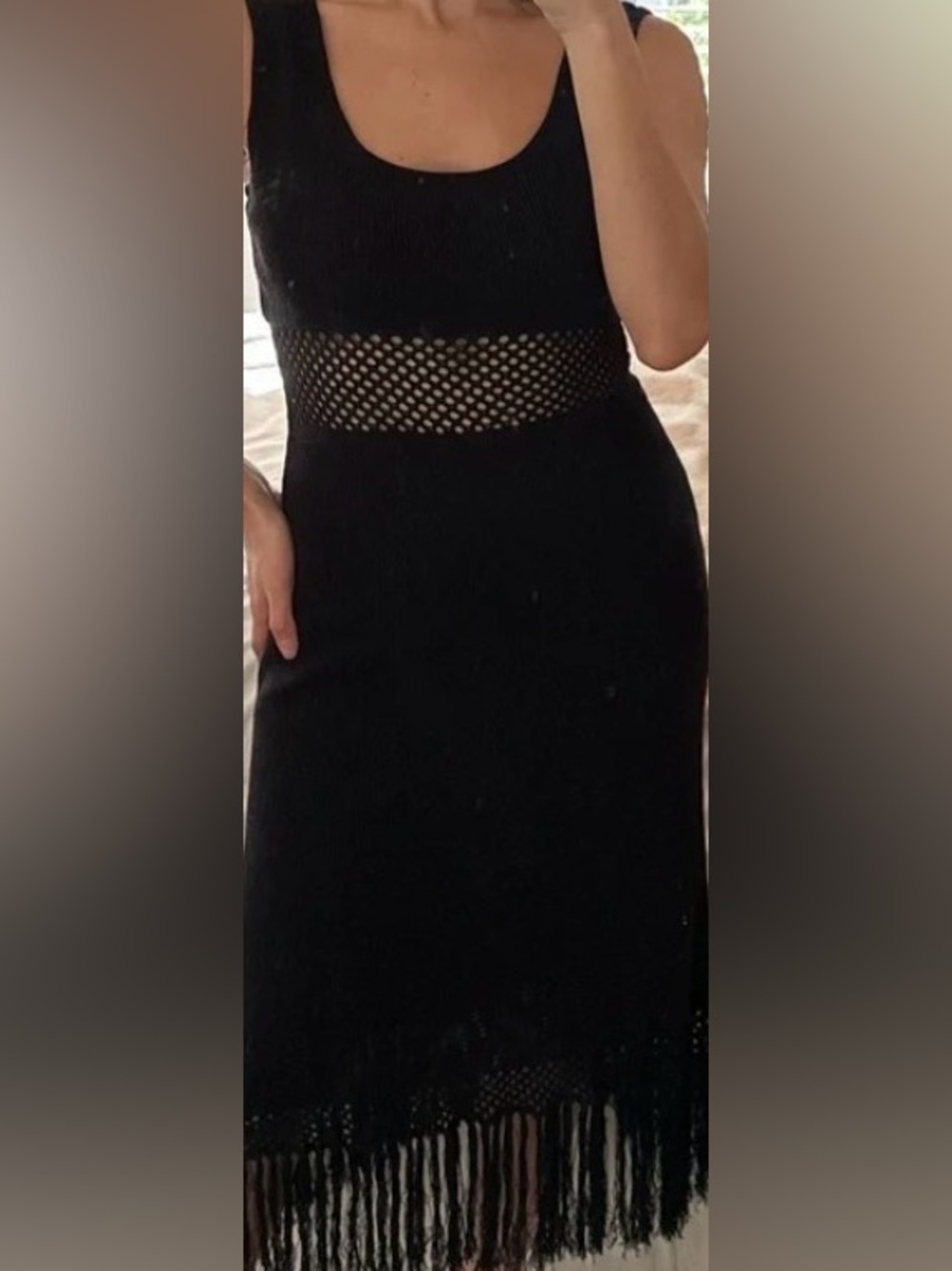 Olivaceous Black Sleeveless Fringe Midi Dress